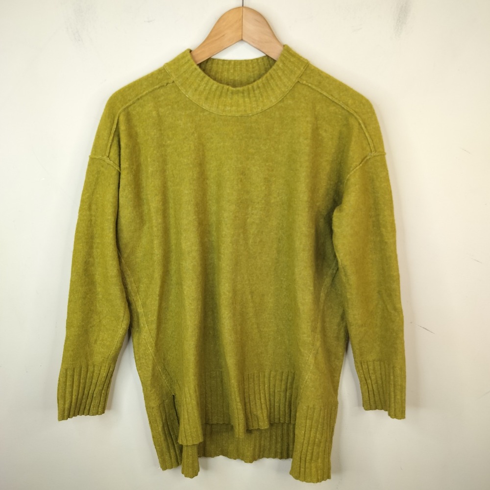 Free People Stretch Wool Tunic Sweater XS Mock Neck Chartreuse Green Hi Low